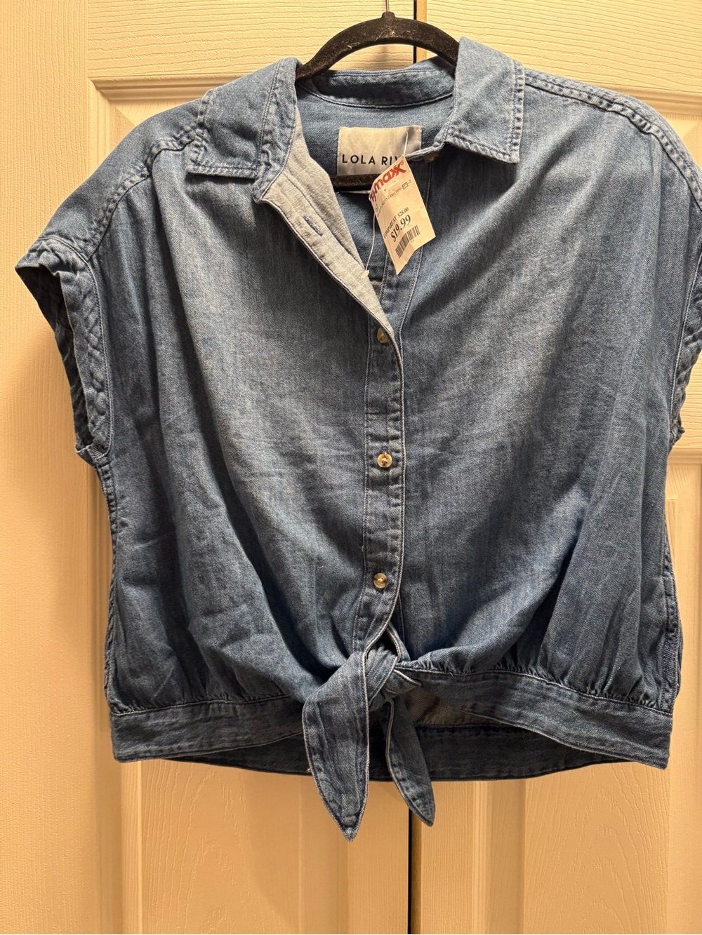 Lola River Washed Blue Tie-Front Denim Blouse NWT